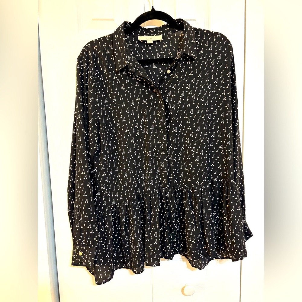 Black and white cherry print long sleeve peplum blouse